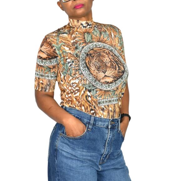 Vintage Lion Portrait Shirt Brown Baroque Jungle Top Shimmer Sheer Knit Small - Picture 15 of 15